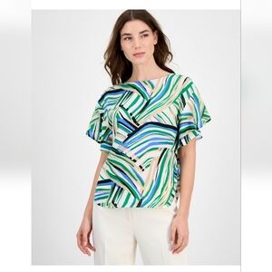 Anne Klein Multicolor Striped Flutter-Sleeve Blouse XXS Petite